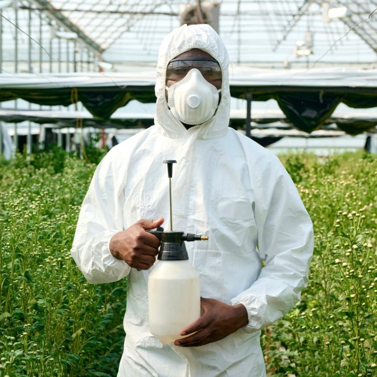 Person in protective gear holding a sprayer in a greenhouse filled with plants.